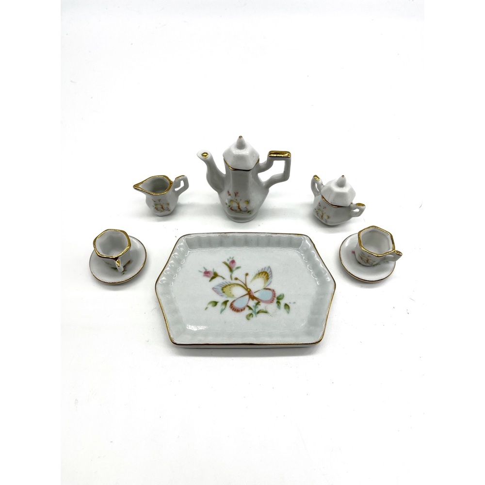 Delton Products Butterfly Pattern Miniature Porcelain Plates Cups Tray Dollhouse
